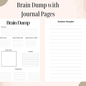 May include: Two white journal pages with black text and lines. The left page is titled Brain Dump and includes sections for To Do List, Call Text List, Under 5 Minute Task, Appointments To Make, Draw Zone, My Ideas, and Shopping List. The right page is titled Random Thoughts.