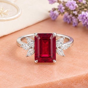 4ct Ruby Engagement Ring Emerald Cut Solid 14K Gold Engagement Ring Cluster Ring Moissanite Bridal Ring Promise Ring Anniversary Gift