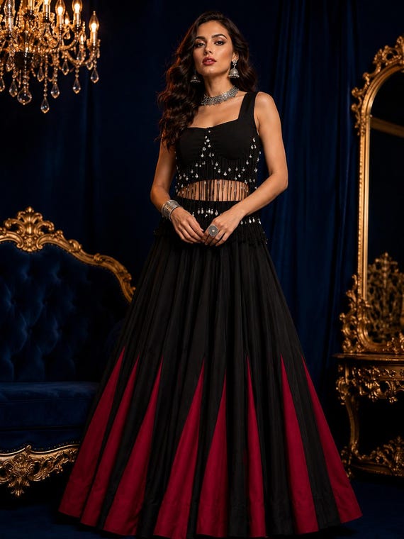 black cocktail dress indian Lehenga Choli for Women | Designer Party Wear Lehenga | Bollywood Wedding Outfit | Reception |gothic Ethnic Gown Make a lasting impression 2025 NH SORORITY SHOP Dynamite Women's White One-Shoulder Color:Nassau Navy black cocktail dress