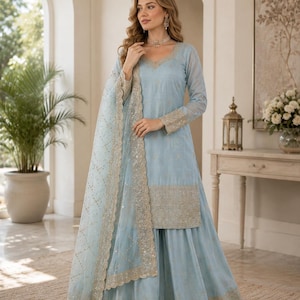 simple dress with organza dupatta Pretty White Gown With Green Organza Dupatta