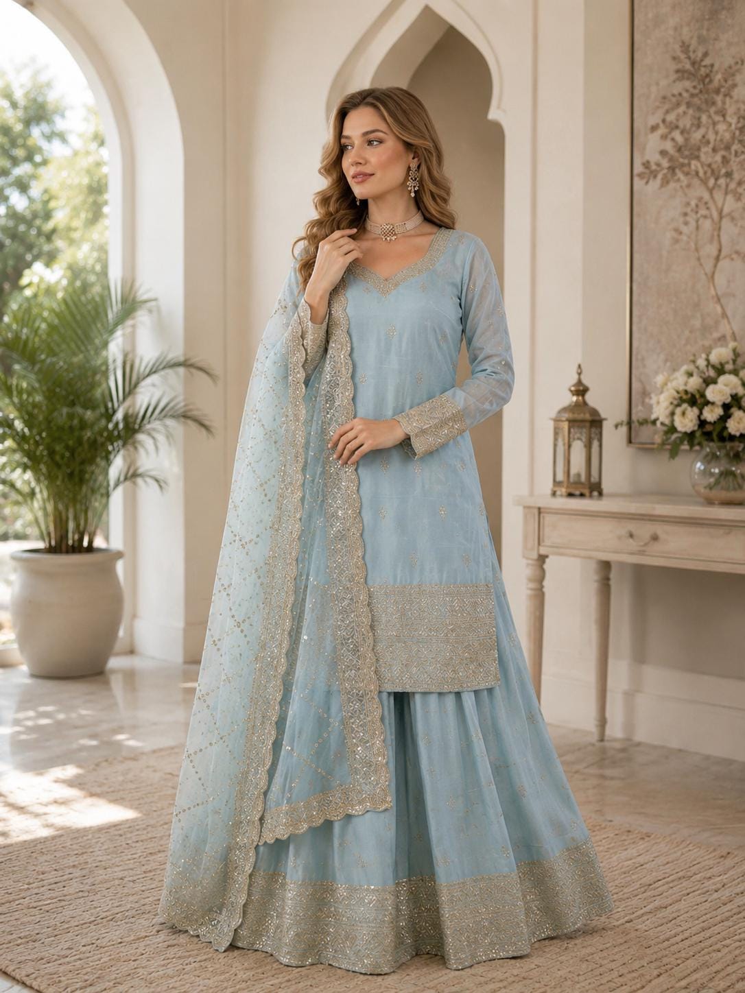 pastel blue asian dress Lady Elegant Fake Two Pieces Cloak Long Dress Chiffon Pleated Chinese Dress Thin