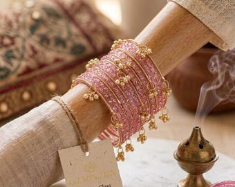 Pink Kashmiri Ghungroo Glass Bangles Set | Bridal Churiya Wedding Jewelry