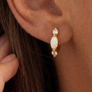 Dainty Opal Huggie Earrings, 18K Gold Opal Hoop Earrings, Small Gemstone Hoops, Stackable Everyday Jewelry, Gift for Her