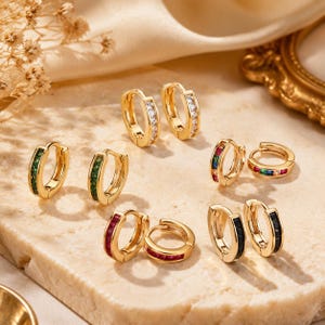 Colorful CZ Huggie Hoop Earrings • Gold Tiny Hoop Earrings for Women • Dainty Cartilage Earrings • Gift for Her