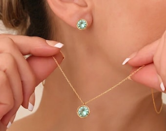 Peridot Farbe Zirkon Lünette Schmuckset, PVD 18K Vergoldetes 316L Edelstahl, Anlauffreier Wasserdichter Schmuck, Geschenk für Sie