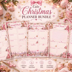 Könnte beinhalten: Ein fünfteiliges Weihnachtsplaner-Set mit festlichem Briefpapier in Rosa und Weiß. Die Seiten umfassen einen Tagesplaner, Wochenplaner, Dezember-Übersicht, Gewohnheits-Tracker und eine Wunschliste, verziert mit weihnachtlichen Motiven.