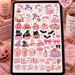 Könnte beinhalten: Ein digitaler Tablet-Bildschirm zeigt eine Sammlung von über 80 rosa Halloween-Aufklebern mit Geistern, schwarzen Katzen, Kürbissen, Schleifen und Tassen. Der Text lautet Pink Halloween Digital Stickers, Cute Spooky Perfect for your planner.