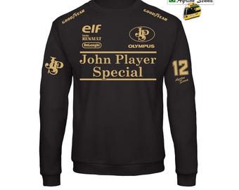 Rundhals-Sweatshirt mit Ayrton-Senna-Motiv (90er Jahre), John Player und Lotus F1-Motiv, inklusive 3 Gratis-Aufklebern, Unisex, Geschenkidee, Baumwolle, Rennteam-Design, Autorennen