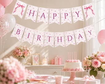Watercolor Pink Bow Birthday Banner, Pastel Coquette Ribbon (Digital Download)