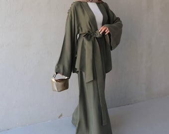 Conjunto modesto de dos piezas, top cruzado y falda larga, atuendo musulmán, conjunto de manga kimono, ropa modesta minimalista, conjunto elegante de corte holgado.