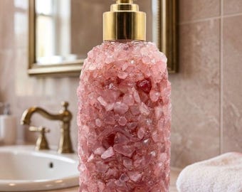 Elegante botella de champú de piedra artesanal, dispensador de jabón de cristal hecho a mano, dispensador de jabón de piedras preciosas, decoración para baño y tocador.