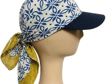 Natural Block Print Cotton Bandana Hat With Brim,Printed Tie-Back Head Scarf,Summer Visor Cap,Adjustable Boho Headwear For Men&women.