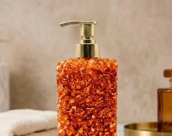 Dispensador de jabón de vidrio ámbar triturado, decoración de baño de lujo, botella de loción con dosificador dorado, accesorio de tocador moderno, regalo de inauguración de casa.