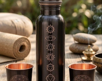 Botella de agua de cobre de 1 litro con 7 chakras y asa / Botella de 7 chakras / Beneficios para la salud según el yoga y el ayurveda / Capacidad de 950 ml / 100 % cobre