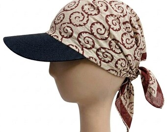 Visera tipo bandana con estampado a mano de Jaipur, sombrero de sol para hombre y mujer con bufanda, turbante ajustable con ala, accesorio para el cabello de estilo bohemio.