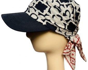 Sombrero bandana de algodón con estampado de bloques de mano Jaipuri, ala negra, gorra de sol boho