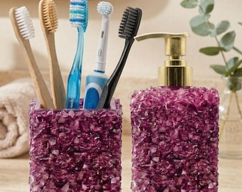 Juego de accesorios de baño de lujo con cristales triturados color rosa amatista, dispensador de jabón líquido y portacepillos de dientes, decoración glamurosa para el tocador, regalo de inauguración de la casa.