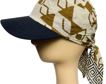 Gorro tipo turbante con estampado Warli Jaipuri hecho a mano, pañuelo de algodón con visera, gorro de verano ajustable para hombres y mujeres, gorro de estilo único.