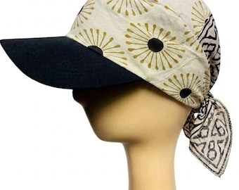 Gorro tipo bandana de algodón con estampado floral hecho a mano: sombrero de sol ajustable con cierre de lazo.