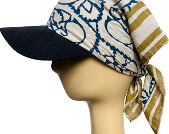 Gorro tipo bandana con visera, pañuelo para la cabeza con estampado de bloques y ala, gorro de algodón con lazo en la parte trasera, prenda para la cabeza con protección solar, pañuelo para el cabello de verano para mujeres y hombres.
