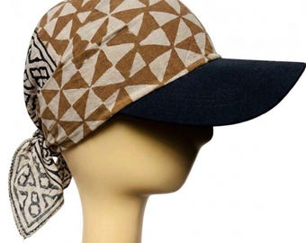 Gorro tipo bandana con estampado de bloques y visera - Gorro estilo turbante bohemio - Gorro ajustable con cierre trasero para hombres y mujeres, protección solar - Gorro con estampado tribal.