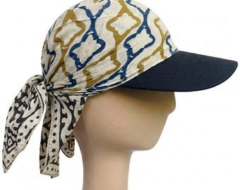 Visera tipo bandana con estampado a mano de Jaipur, sombrero de sol para hombre y mujer con bufanda, turbante ajustable con ala, accesorio para el cabello estilo boho.