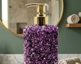 Dispensador de jabón de piedra hecho a mano, accesorio de decoración de baño estilo boho morado y dorado