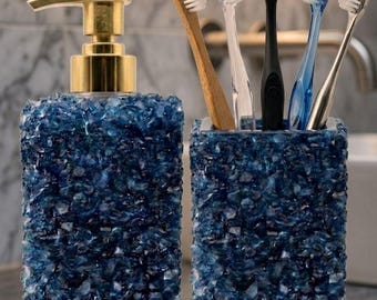 Juego de accesorios de baño de vidrio azul triturado, dispensador de jabón azul texturizado y portacepillos de dientes, juego de baño moderno de mosaico azul marino, juego de lujo
