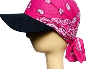 Gorra de béisbol tipo bandana rosa con estampado paisley / Gorro de verano de algodón con visera (hecho a mano)