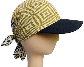 Gorro tipo bandana con estampado a mano de Jaipur, ajustable, de verano, color natural, 100% algodón, unisex.