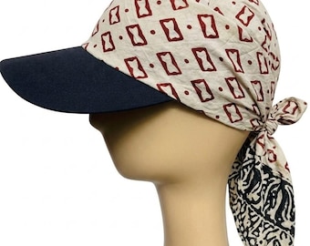 Gorro tipo bandana de algodón con estampado a mano y visera, tocado ajustable con lazo en la parte trasera, sombrero de sol estilo bohemio, pañuelo para la cabeza con estampado único, regalo para familiares y amigos.