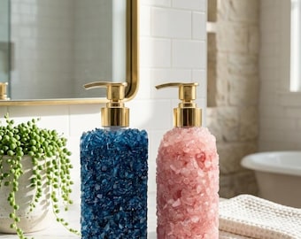 Dispensador de jabón artesanal de piedras preciosas y cristales, piedra azul o rosa, decoración única para baño y tocador, bombas doradas, el mejor set de regalo, set de lujo