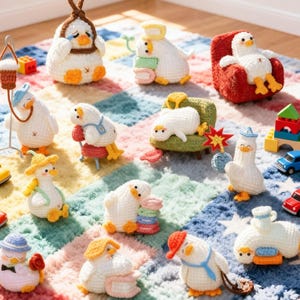 May include: A collection of small, white, crocheted duck figurines in various poses and outfits, including some sitting on miniature furniture, holding accessories, or interacting with small colorful toy cars and building blocks.