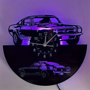 Muscle Car Vinyl Record Wall Clock with LED Light Retro Classic Car Decor Unique Father’s Day Gift for Dad Men Garage Man Cave Room