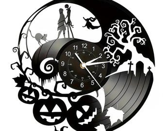 Nightmare Before Christmas Vinyl Clock - Jack and Sally Spiral Hill Wall Art - Gothic Halloween Pumpkin Patch Movie Fan Gift