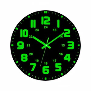 May include: A round, black wall clock with bright green numerals and hands. The clock face features a 24-hour format, with the numbers 1 through 12 and 13 through 24. The hands and numbers glow in the dark.