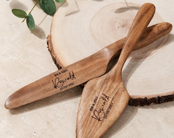 Acacia Wood Cake Knife Server Set, Rustic Wedding Utensils, Engraved Bridal Gift