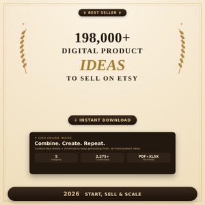 May include: A digital product guide featuring the text 198,000+ DIGITAL PRODUCT IDEAS TO SELL ON ETSY, with a BEST SELLER badge, an INSTANT DOWNLOAD button, and a dark box detailing an IDEA ENGINE with 5 categories, 2,275+ ideas, and PDF+XLSX formats.