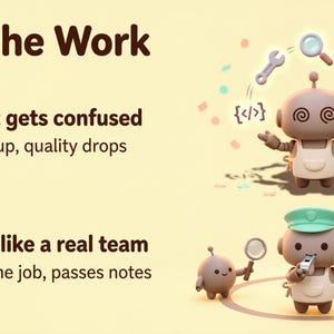 May include: An infographic titled Split the Work featuring two scenarios. The top shows a confused brown robot with swirling eyes surrounded by floating icons. The bottom shows a team of five small brown robots, one wearing a green cap and whistle.