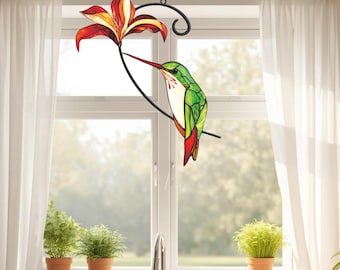 Kolibri-solfångare i färgat glas – Flerfärgad fågelfönsterhänge för trädgårdsälskare – Modern glaskonstprydnad för heminredning