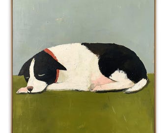 Sleeping Border Collie Oil Painting, Whimsical Pet Portrait, Modern Folk Nursery Decor
