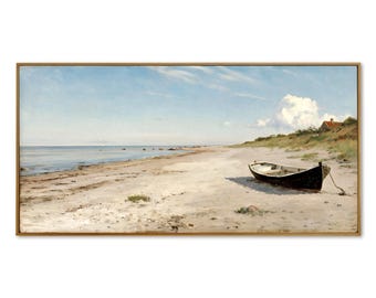 Hand Painted Beach Seascape Canvas Art | Muted Coastal Sand Boat Painting