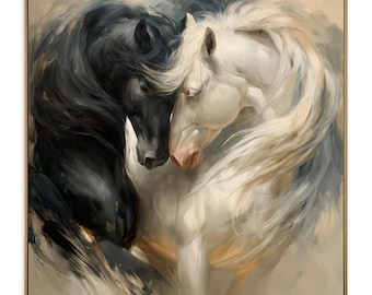 Two Horses Textured Oil Painting, Black White Stallion Canvas Decor, Monochrome Artwork