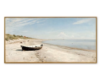 Original Hand-Painted Seascape Oil Painting, Coastal Boat Beach Canvas Art