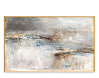 Textured Blue Gold Coastal Canvas Painting, Abstract Landscape Wall Art
