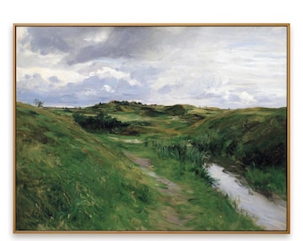 Original Oil Painting, Rural Landscape, Green Hills Meadow Stream, Farmhouse Wall Art