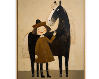 Textured Oil Painting, Girl and Black Horse, Naive Folk Art Decor