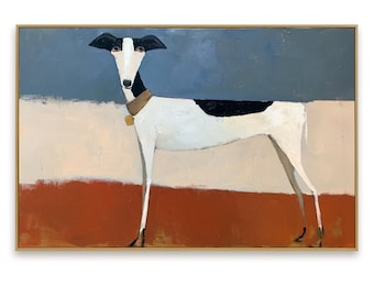 Greyhound Dog Oil Painting, Minimalist Italian Sighthound Wall Art, Folk Style Canvas Decor