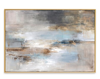 Textured Blue Gold Abstract Landscape Painting, Coastal Canvas Wall Art