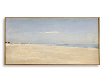 Hand-Painted Coastal Seascape Canvas | Muted Beach Panorama, Wabi Sabi Decor
